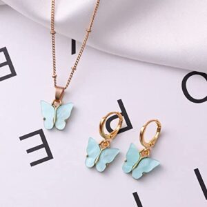 Pinapes Butterfly Hoop Earring Pendant Necklace Acrylic Butterfly Necklace Huggie Drop Earrings Set, Simple Charm Color Suit for Women Teens Girls