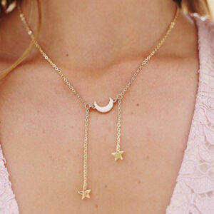 Pinapes Charming Gold Plated Dual Star Layered Stars and Moon Pendant Necklace for Women and Girls
