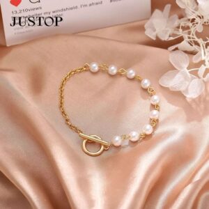 Pinapes Fashion Stitching Adjustable Stainless Steel Gold Plated Pearl Smiley Woman Charm Bracelet