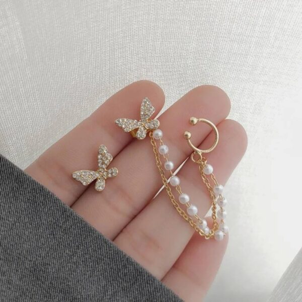 Pinapes Rhinestone Butterfly Drop Earrings For Women Girls Korean Trendy Pearl Chain Earrings